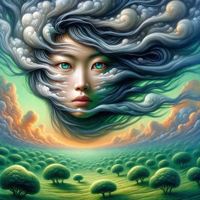 The primary subject of the image is a woman with long hair, who appears to be floating in the air. She is surrounded by a lush green field, which serves as the setting for the scene. The visual style of the image is a combination of digital art and illustration, creating a surreal and dreamy atmosphere. The dominant colors in the image are green and blue, which contribute to the serene and peaceful mood of the scene.
